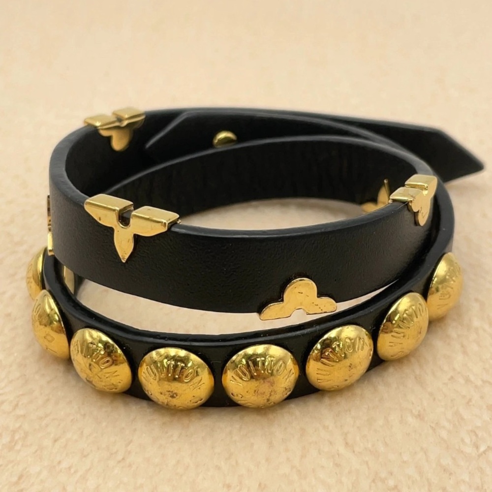 Louis Vuitton Black Leather Brasley Daily Double Us Monogram Gold Stud Bracelet